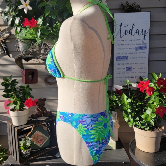 CHRISTINA ♡ Gorgeous 2pc Blue 'n Green Floral String Bikini Top Swimsuit XL - Picture 4 of 17